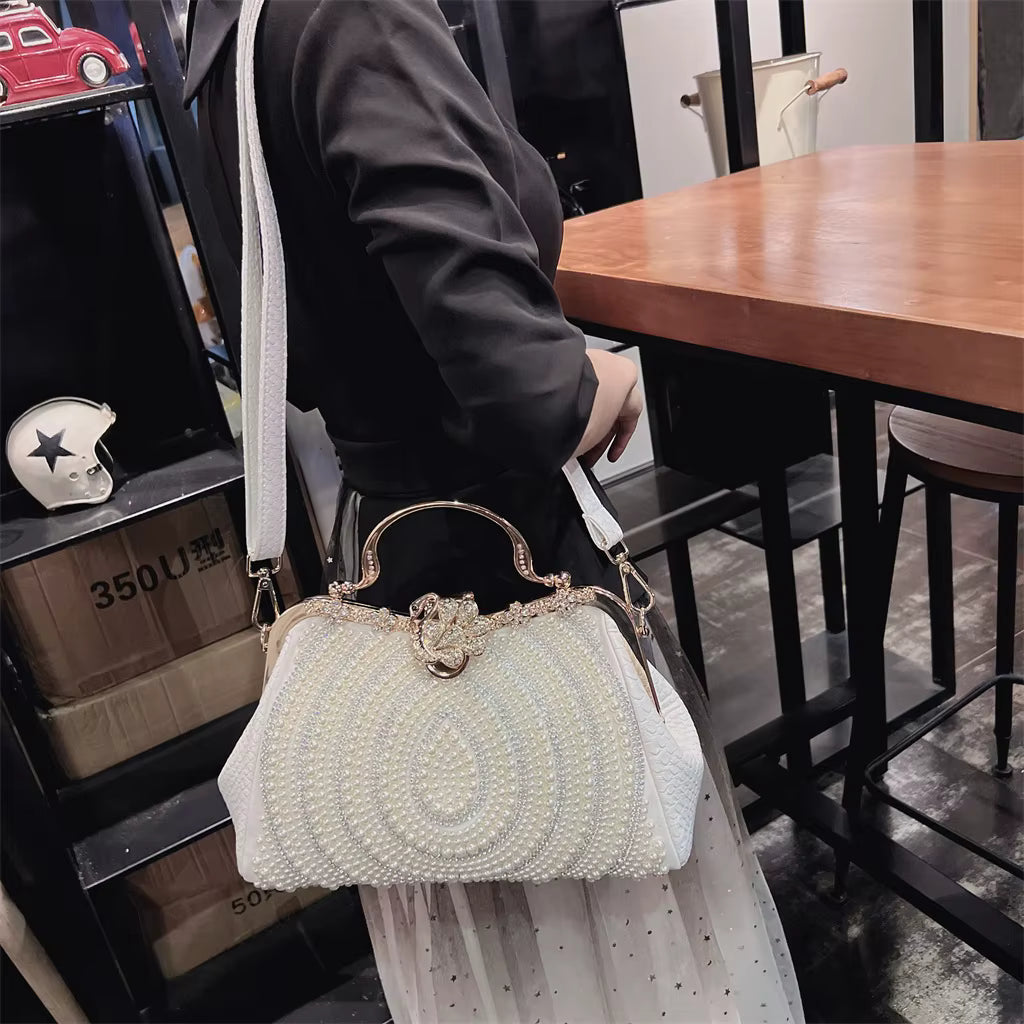 Diamonds Genuine Leather Pearl Clip Crossbody Shoulder Party Evening Bags Mssza
