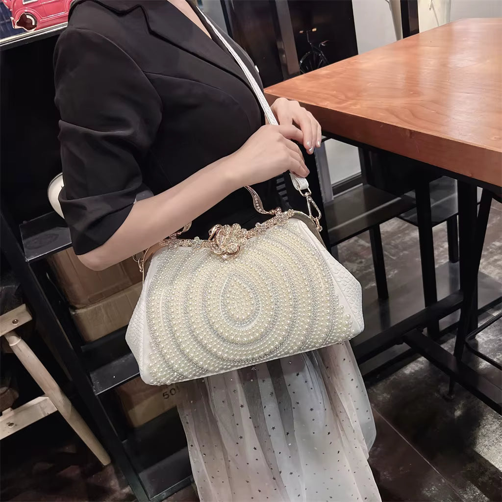 Diamonds Genuine Leather Pearl Clip Crossbody Shoulder Party Evening Bags Mssza