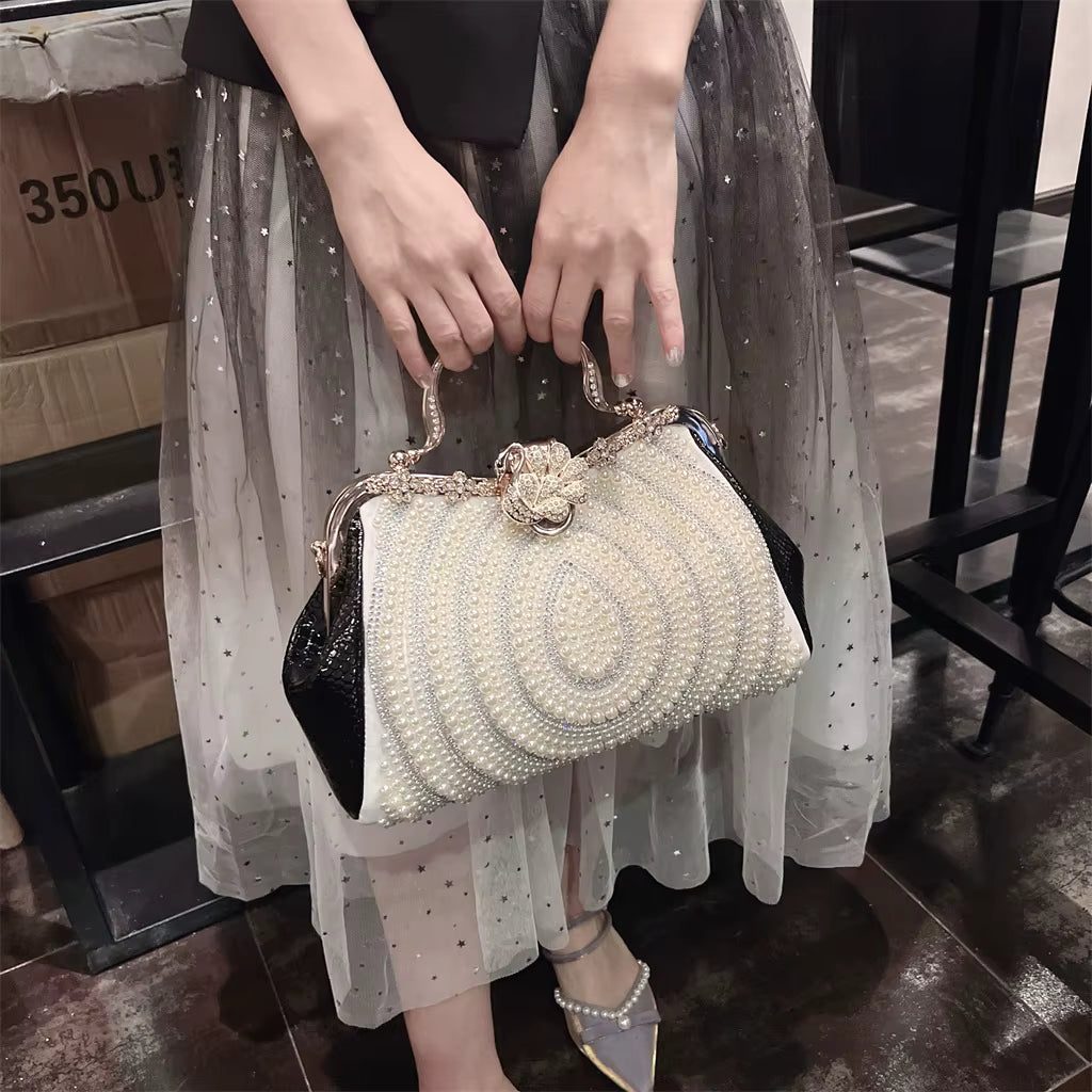 Diamonds Genuine Leather Pearl Clip Crossbody Shoulder Party Evening Bags Mssza
