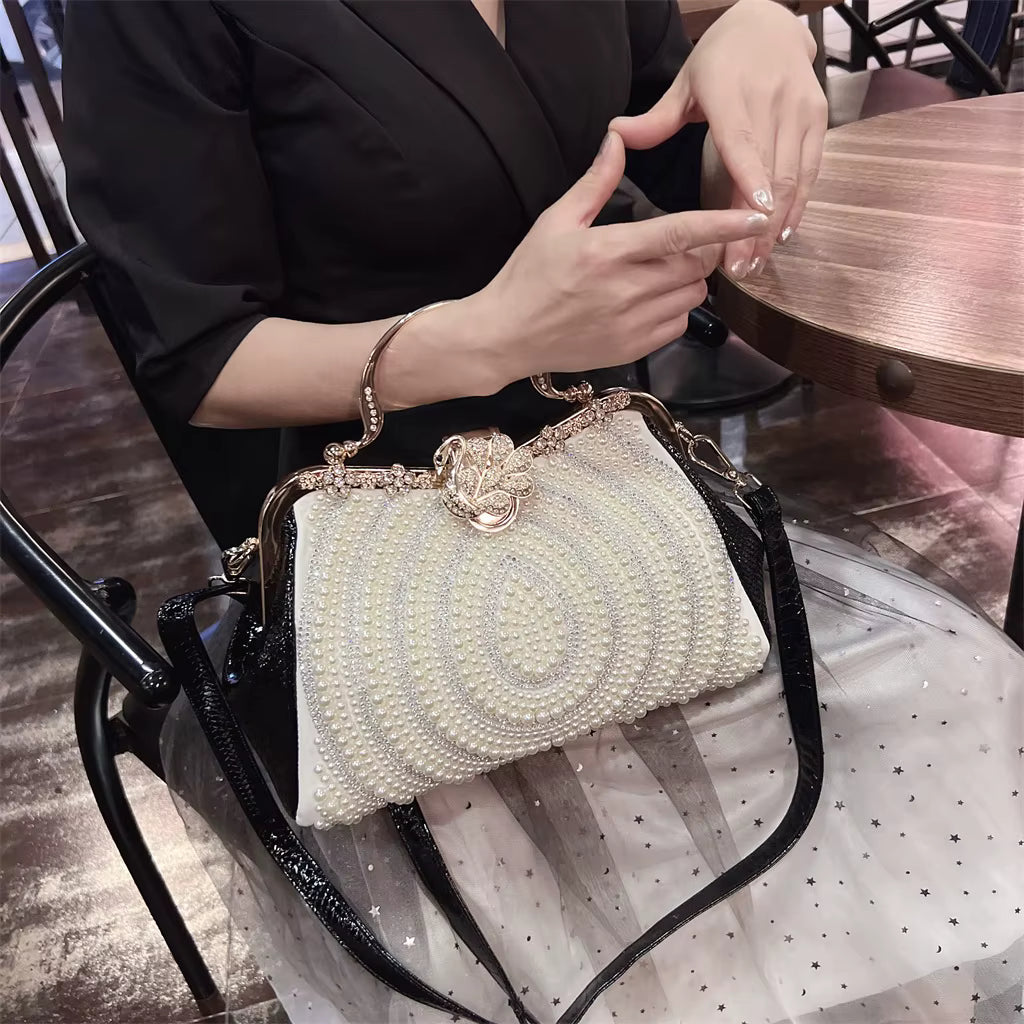 Diamonds Genuine Leather Pearl Clip Crossbody Shoulder Party Evening Bags Mssza