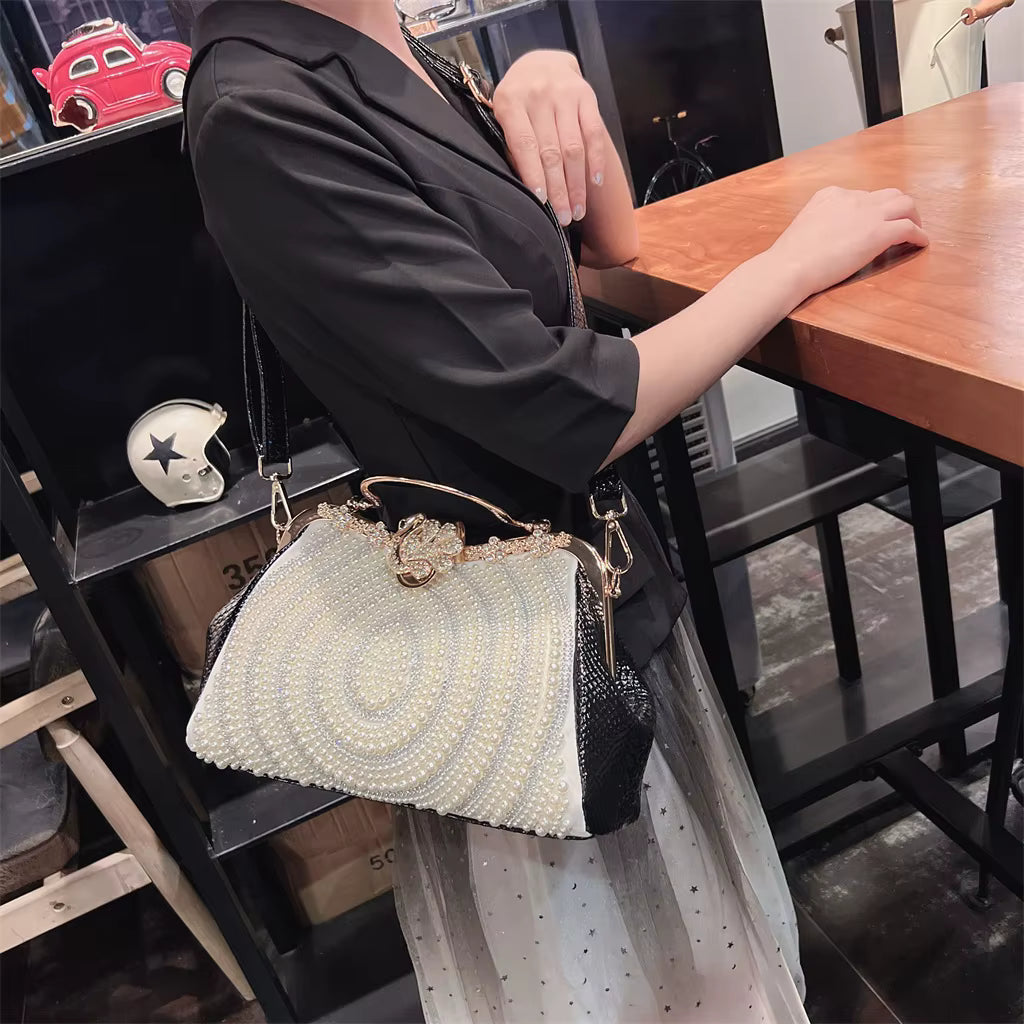 Diamonds Genuine Leather Pearl Clip Crossbody Shoulder Party Evening Bags Mssza