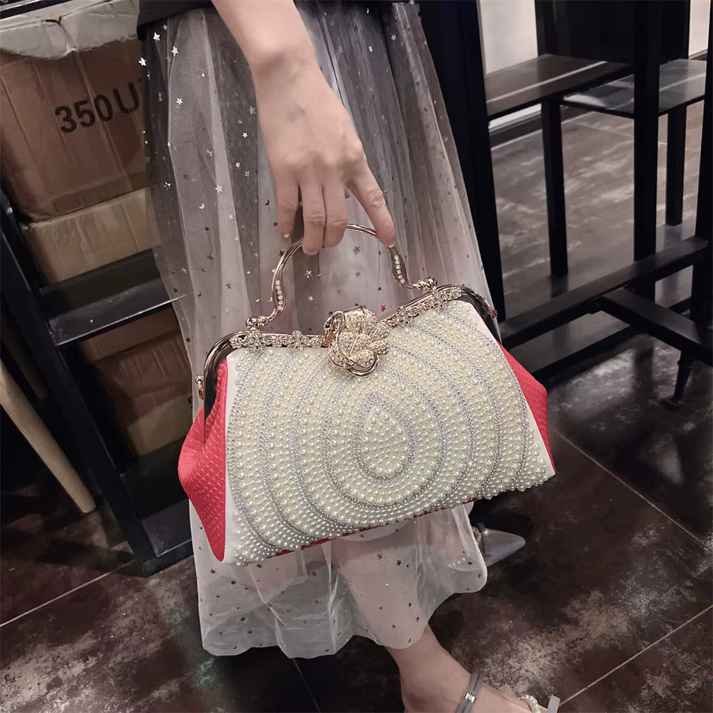 Diamonds Genuine Leather Pearl Clip Crossbody Shoulder Party Evening Bags Mssza