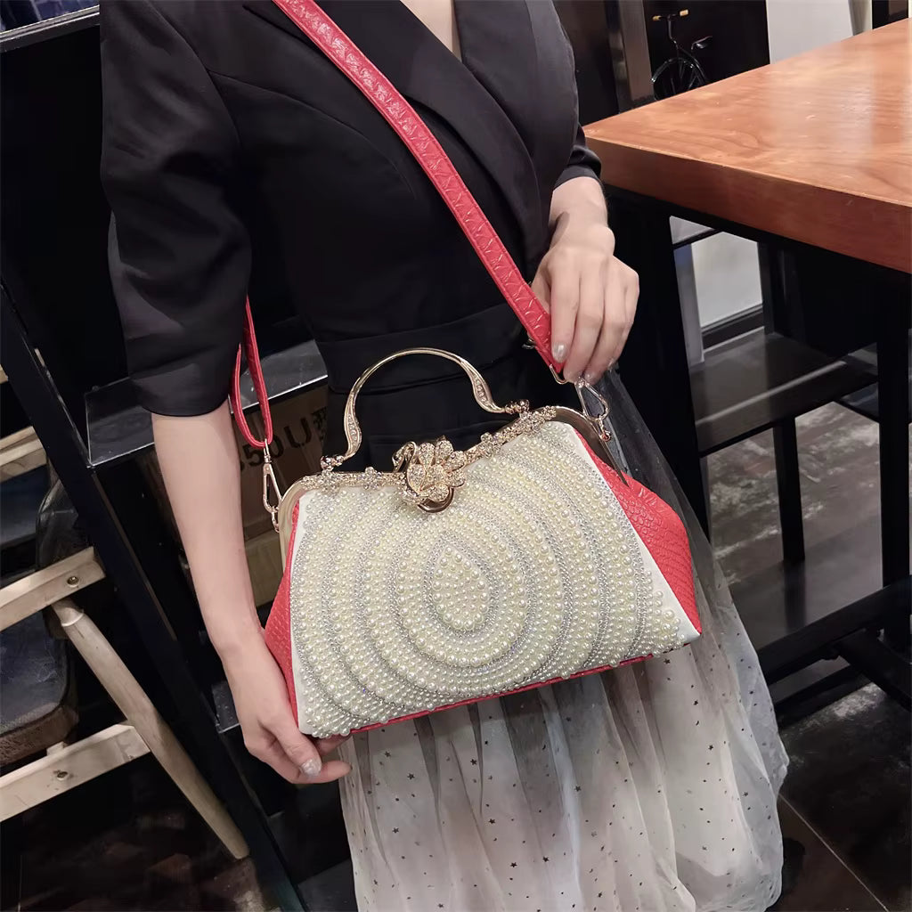 Diamonds Genuine Leather Pearl Clip Crossbody Shoulder Party Evening Bags Mssza