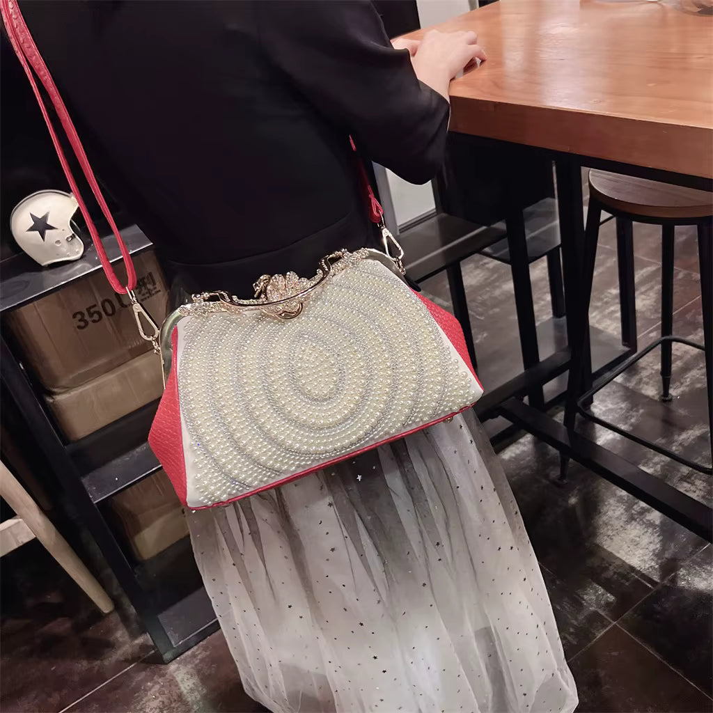 Diamonds Genuine Leather Pearl Clip Crossbody Shoulder Party Evening Bags Mssza