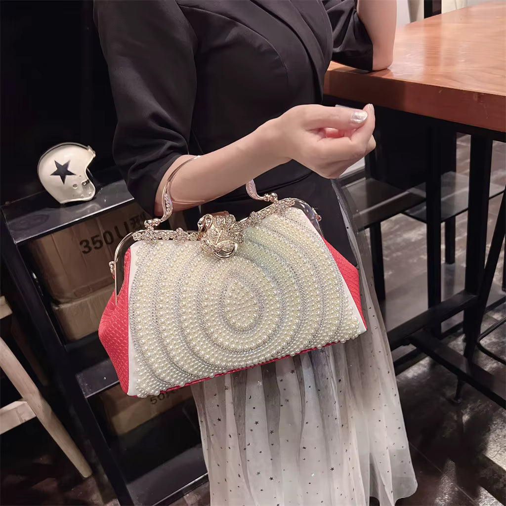 Diamonds Genuine Leather Pearl Clip Crossbody Shoulder Party Evening Bags Mssza