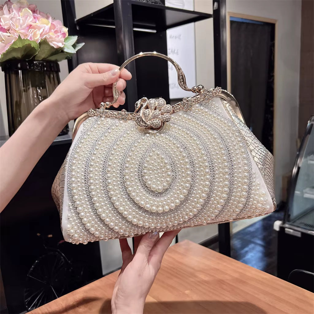 Diamonds Genuine Leather Pearl Clip Crossbody Shoulder Party Evening Bags Mssza