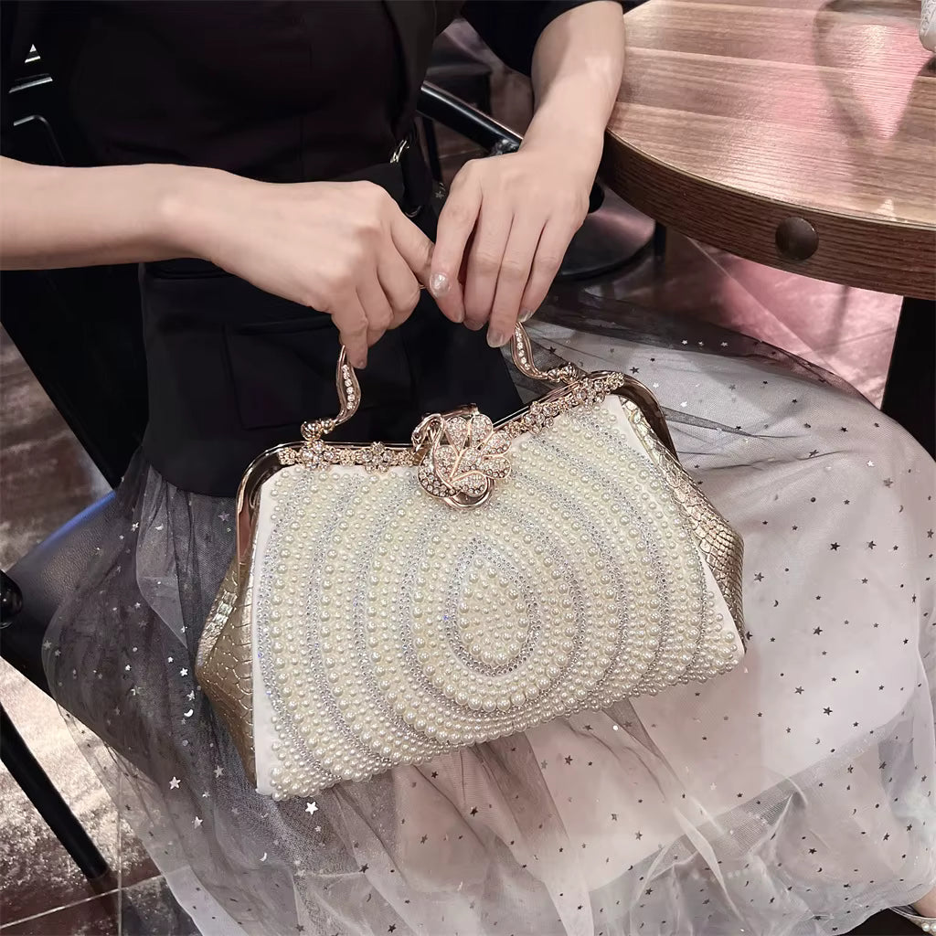 Diamonds Genuine Leather Pearl Clip Crossbody Shoulder Party Evening Bags Mssza