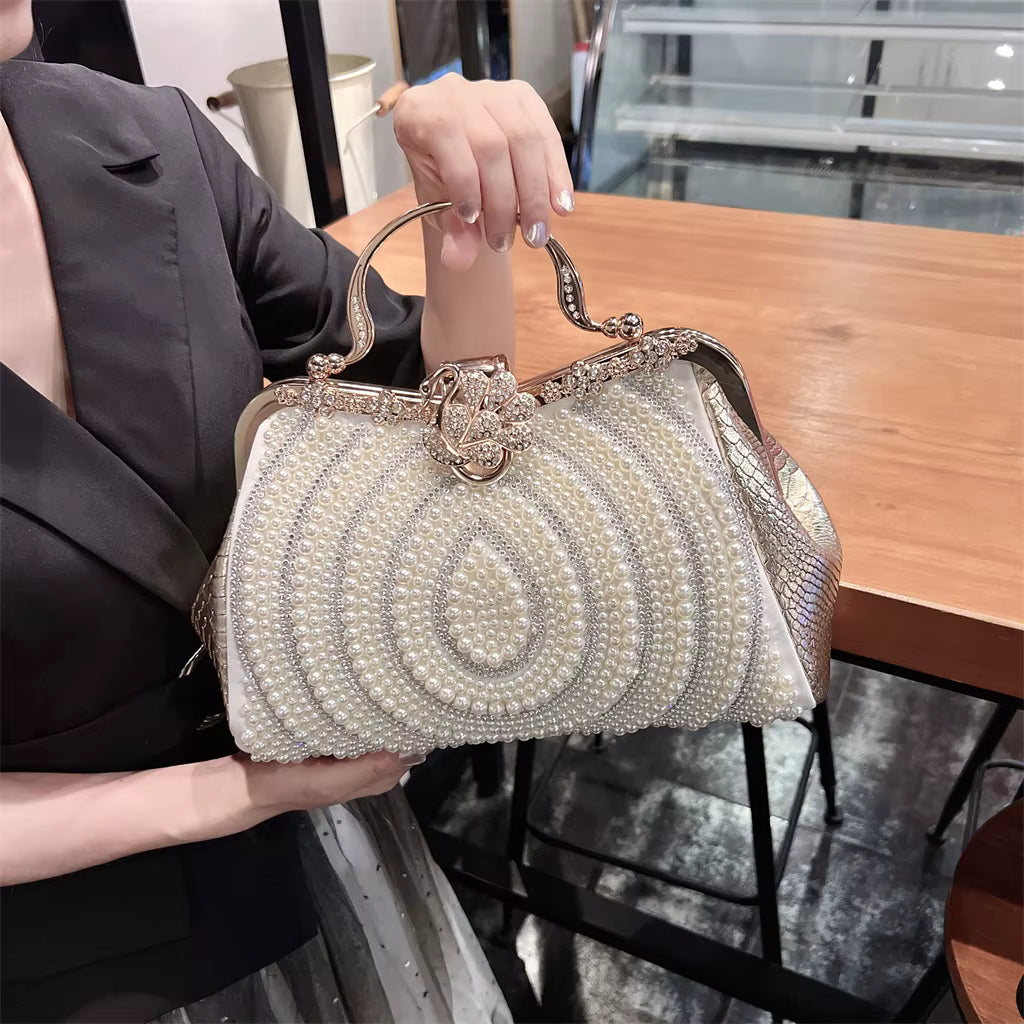 Diamonds Genuine Leather Pearl Clip Crossbody Shoulder Party Evening Bags Mssza