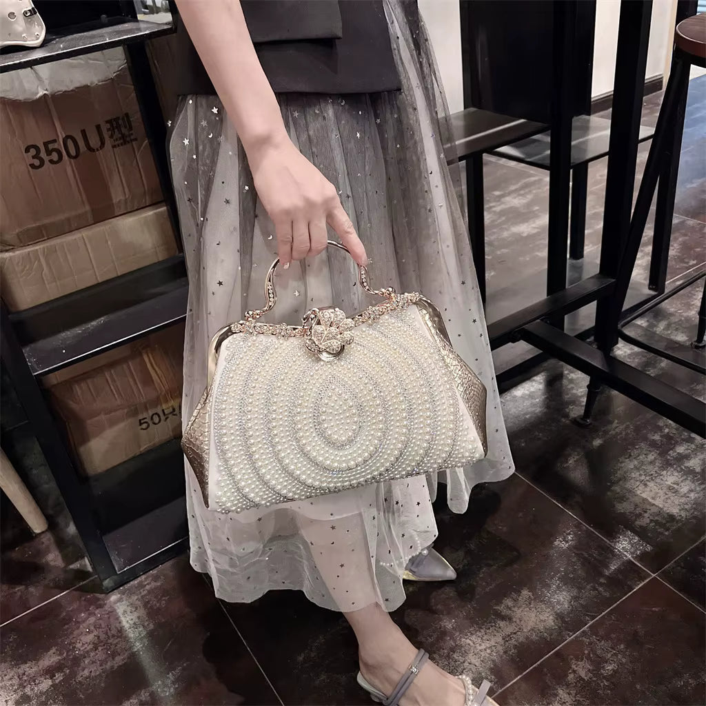 Diamonds Genuine Leather Pearl Clip Crossbody Shoulder Party Evening Bags Mssza