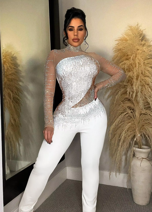 Diamonds Rhinestones Mesh See Though Long Sleeve Stretch Party Evening Jumpsuit Mssza