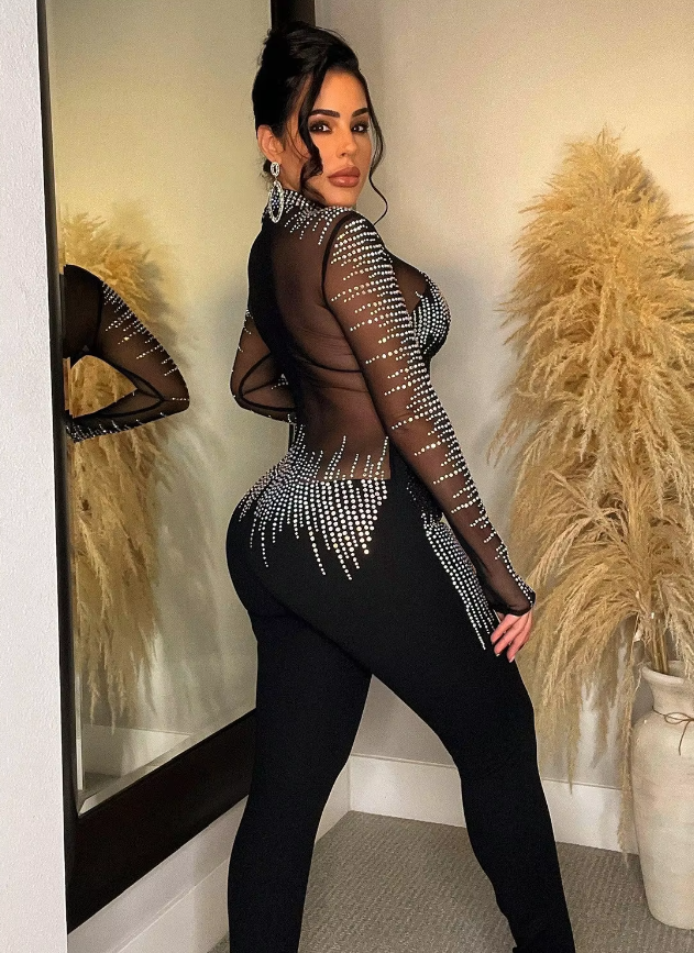Diamonds Rhinestones Mesh See Though Long Sleeve Stretch Party Evening Jumpsuit Mssza