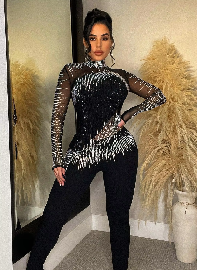 Diamonds Rhinestones Mesh See Though Long Sleeve Stretch Party Evening Jumpsuit Mssza
