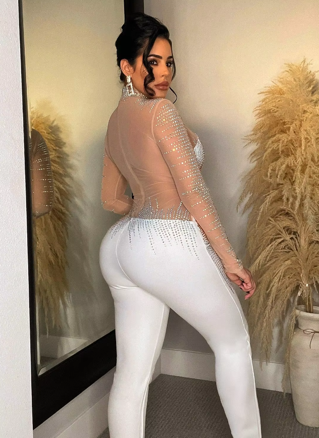 Diamonds Rhinestones Mesh See Though Long Sleeve Stretch Party Evening Jumpsuit Mssza