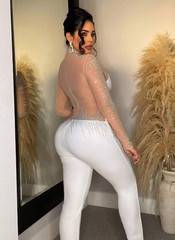 Diamonds Rhinestones Mesh See Though Long Sleeve Stretch Party Evening Jumpsuit Mssza