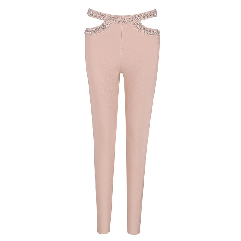 Diamonds Studded Hollow Out Trousers Party Luxury Bandage Pencil  Pants Mssza