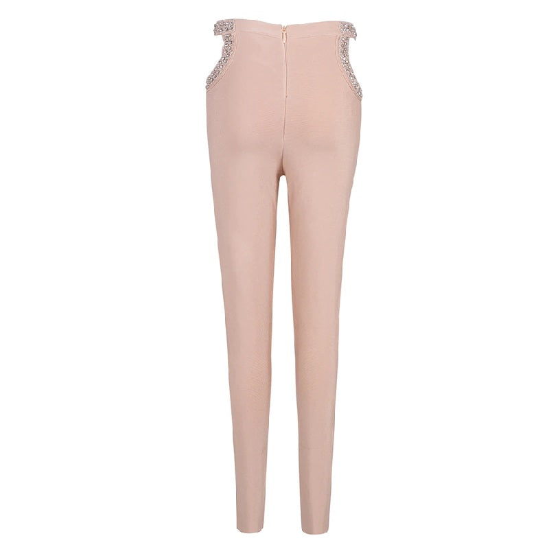 Diamonds Studded Hollow Out Trousers Party Luxury Bandage Pencil  Pants Mssza