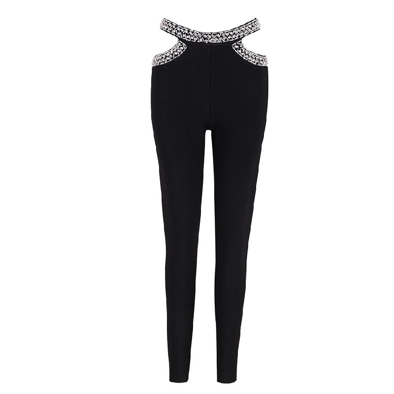 Diamonds Studded Hollow Out Trousers Party Luxury Bandage Pencil  Pants Mssza