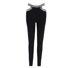 Diamonds Studded Hollow Out Trousers Party Luxury Bandage Pencil  Pants Mssza