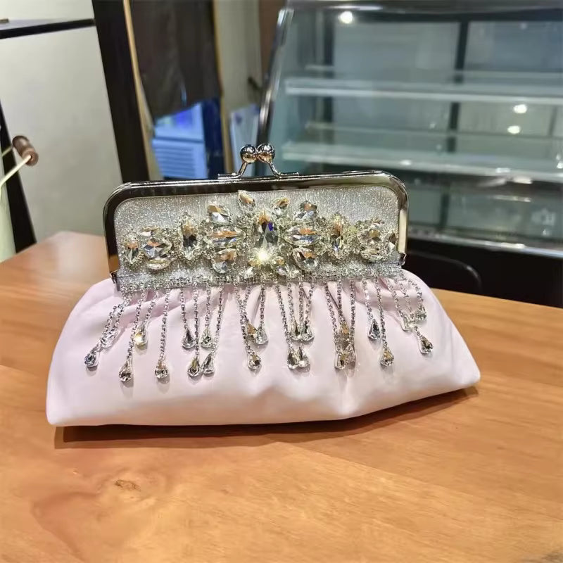 Luxury Elegant Diamonds Tassel Leather Chain Single Shoulder Banquet Evening Bags Mssza
