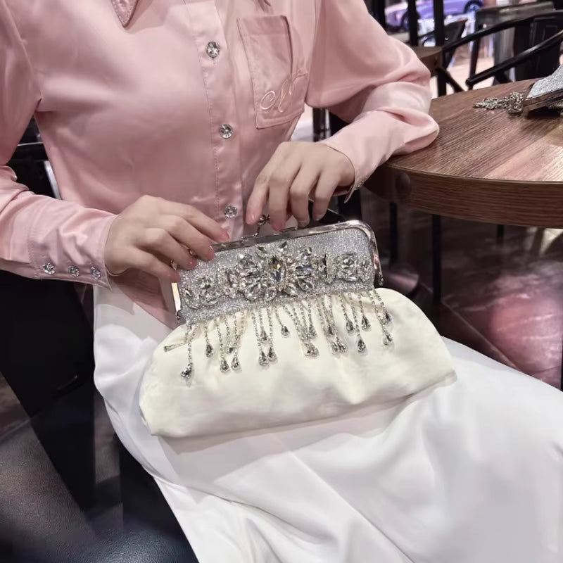 Luxury Elegant Diamonds Tassel Leather Chain Single Shoulder Banquet Evening Bags Mssza