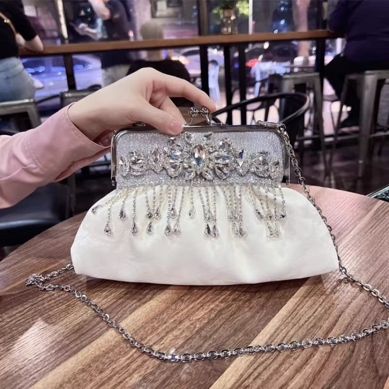 Luxury Elegant Diamonds Tassel Leather Chain Single Shoulder Banquet Evening Bags Mssza
