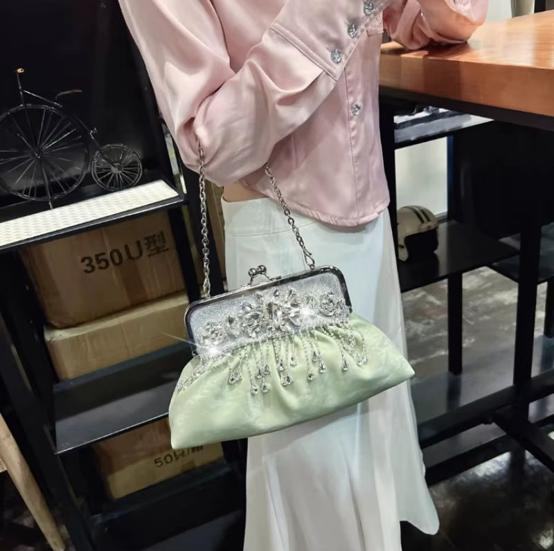 Luxury Elegant Diamonds Tassel Leather Chain Single Shoulder Banquet Evening Bags Mssza