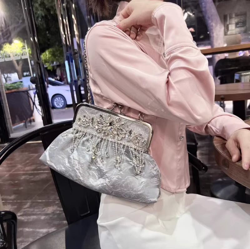 Luxury Elegant Diamonds Tassel Leather Chain Single Shoulder Banquet Evening Bags Mssza