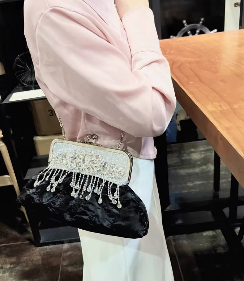 Luxury Elegant Diamonds Tassel Leather Chain Single Shoulder Banquet Evening Bags Mssza