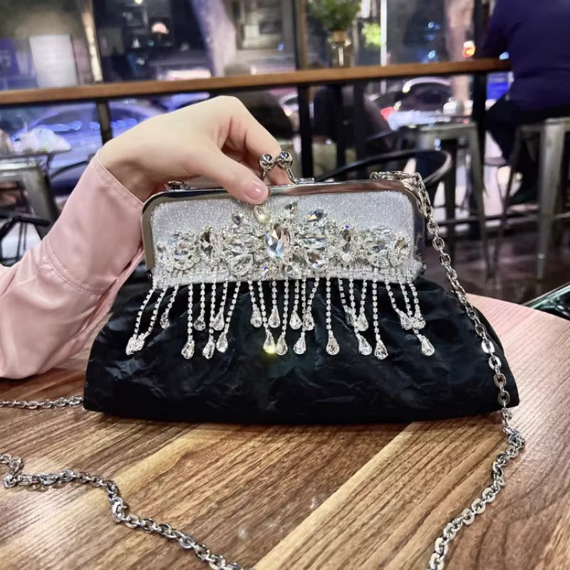 Luxury Elegant Diamonds Tassel Leather Chain Single Shoulder Banquet Evening Bags Mssza