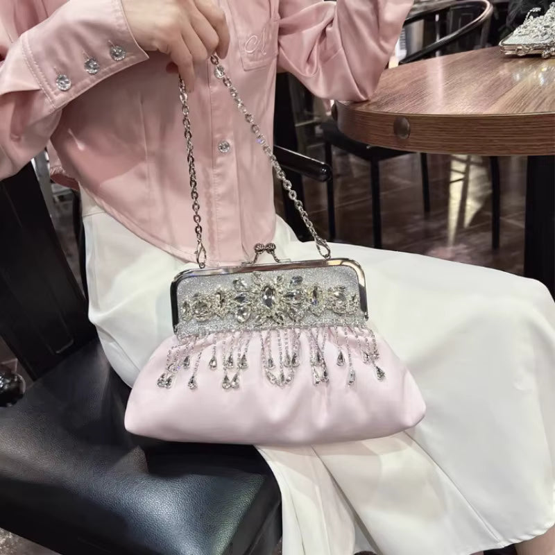 Luxury Elegant Diamonds Tassel Leather Chain Single Shoulder Banquet Evening Bags Mssza