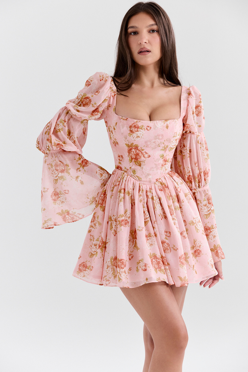 Divine Floral Square Neck Mini Dress Mssaz Desses