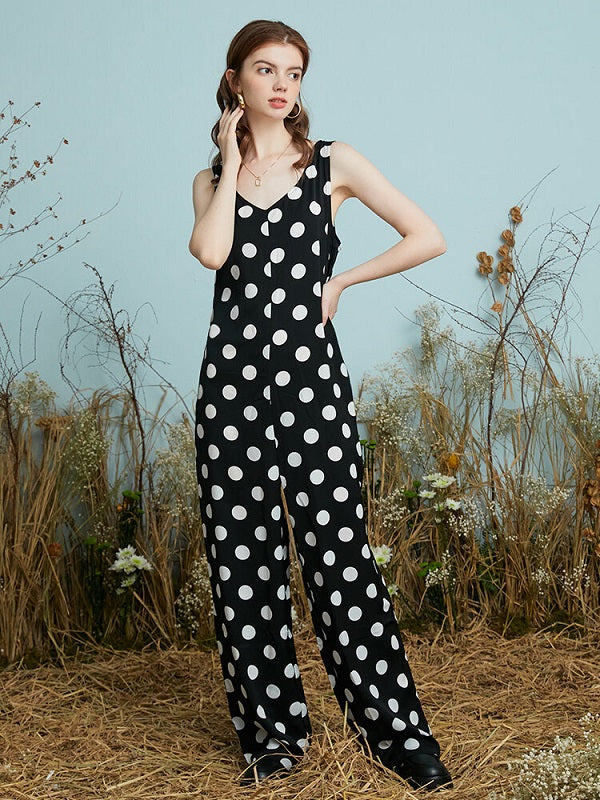 Dot Print Open Back Pocket Sleeveless Wide Leg Jumpsuit Mssza