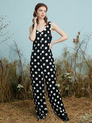 Dot Print Open Back Pocket Sleeveless Wide Leg Jumpsuit Mssza