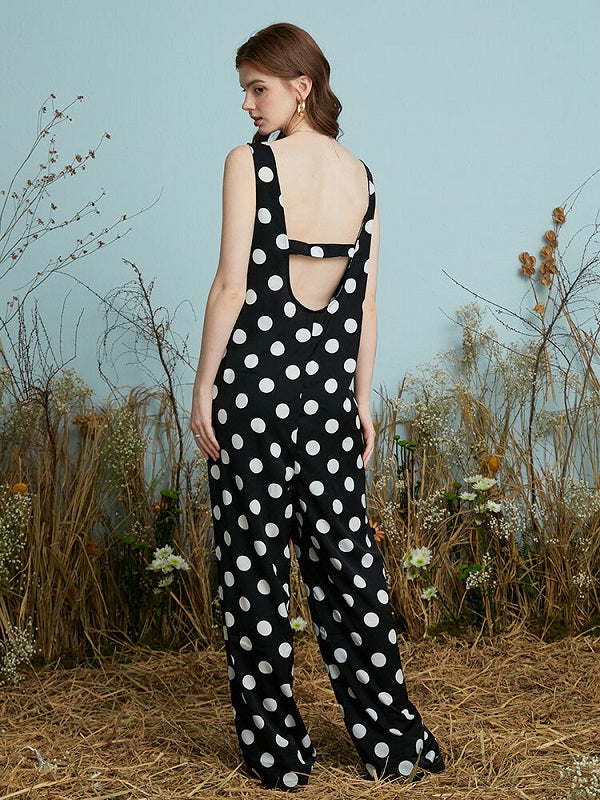 Dot Print Open Back Pocket Sleeveless Wide Leg Jumpsuit Mssza