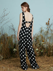 Dot Print Open Back Pocket Sleeveless Wide Leg Jumpsuit Mssza
