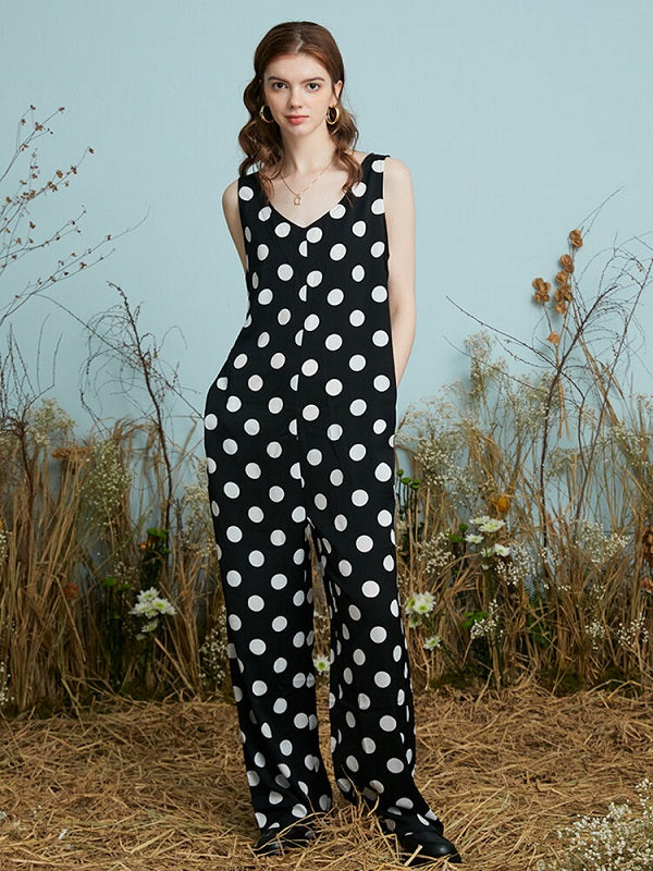 Dot Print Open Back Pocket Sleeveless Wide Leg Jumpsuit Mssza
