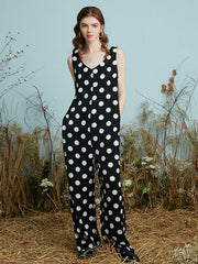 Dot Print Open Back Pocket Sleeveless Wide Leg Jumpsuit Mssza
