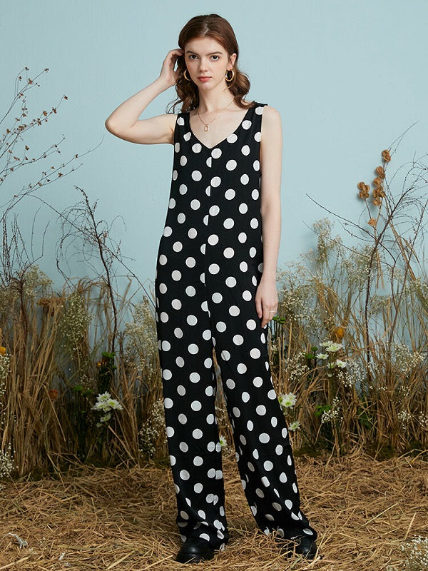 Dot Print Open Back Pocket Sleeveless Wide Leg Jumpsuit Mssza