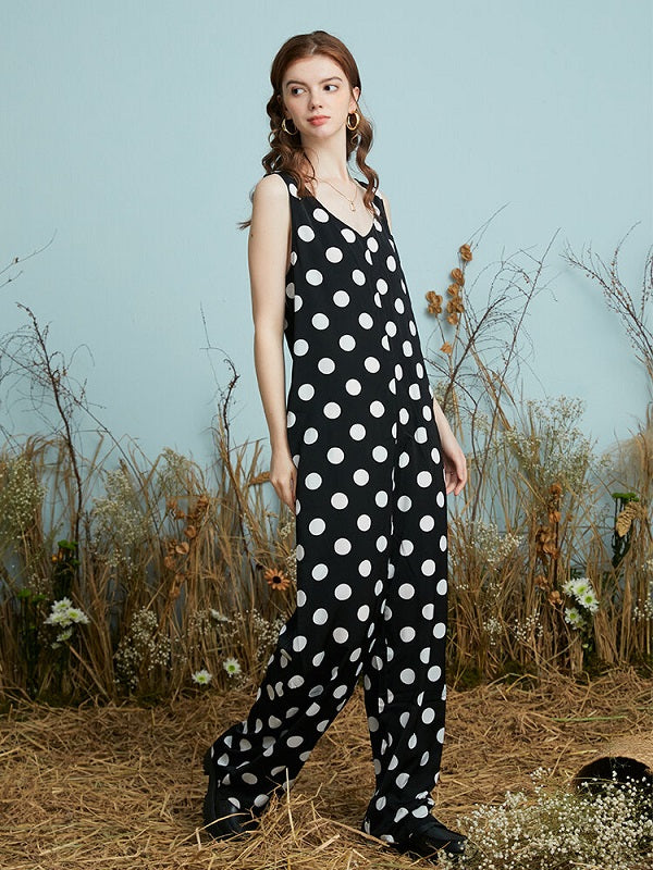 Dot Print Open Back Pocket Sleeveless Wide Leg Jumpsuit Mssza