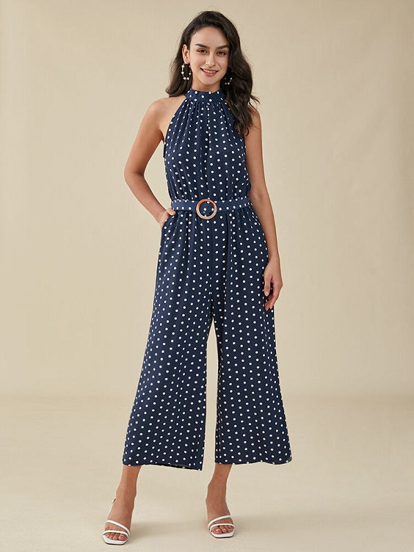 Dot Print Pocket Sleeveless Wide Leg Jumpsuit With Belt Mssza
