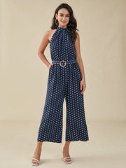 Dot Print Pocket Sleeveless Wide Leg Jumpsuit With Belt Mssza