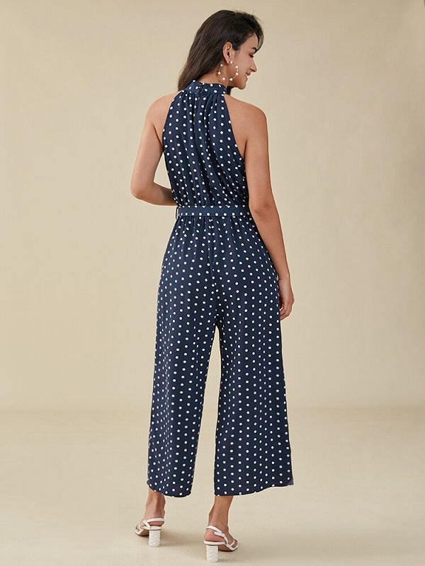 Dot Print Pocket Sleeveless Wide Leg Jumpsuit With Belt Mssza