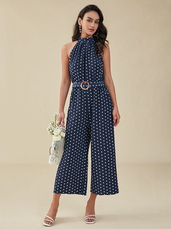 Dot Print Pocket Sleeveless Wide Leg Jumpsuit With Belt Mssza
