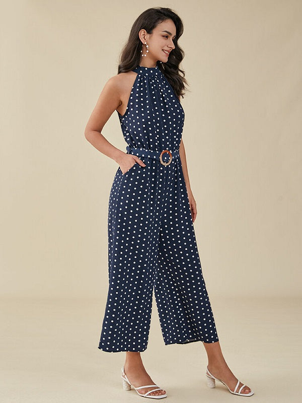 Dot Print Pocket Sleeveless Wide Leg Jumpsuit With Belt Mssza