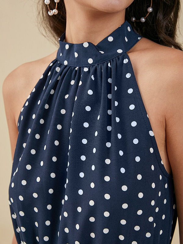 Dot Print Pocket Sleeveless Wide Leg Jumpsuit With Belt Mssza