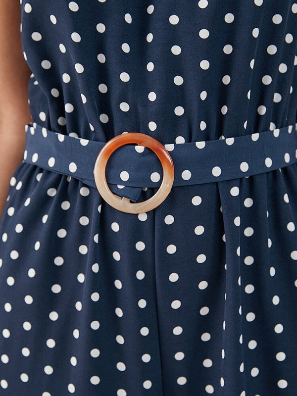 Dot Print Pocket Sleeveless Wide Leg Jumpsuit With Belt Mssza