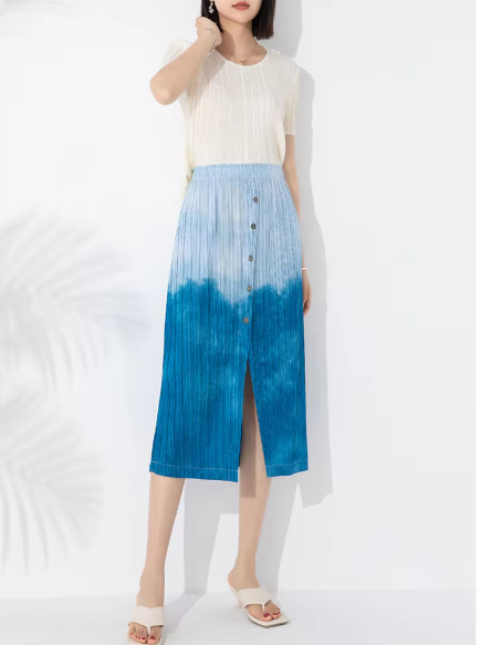 Drape Elastic Waist Open Pleated Printed Elegant And Vintage Half Skirts Mssza