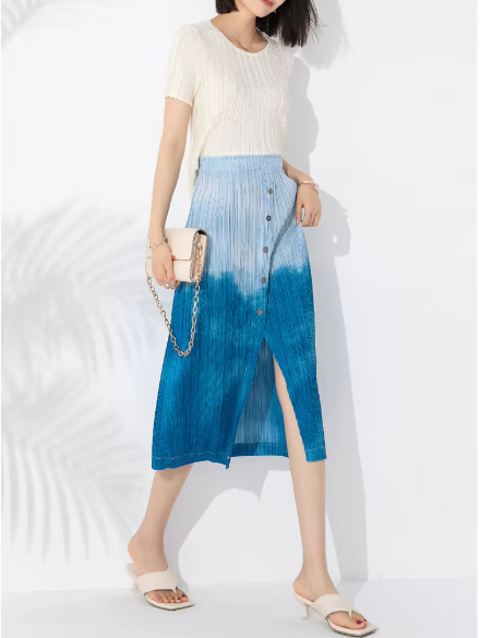 Drape Elastic Waist Open Pleated Printed Elegant And Vintage Half Skirts Mssza