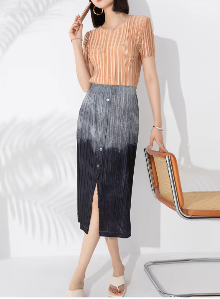 Drape Elastic Waist Open Pleated Printed Elegant And Vintage Half Skirts Mssza