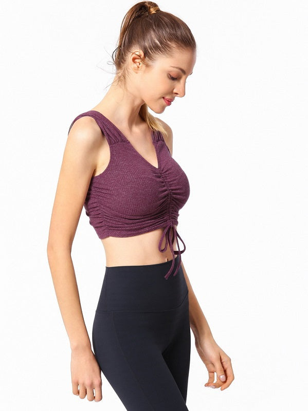 Drawstring V Neck Comfortable Pure Color Yoga Tank Top Mssza